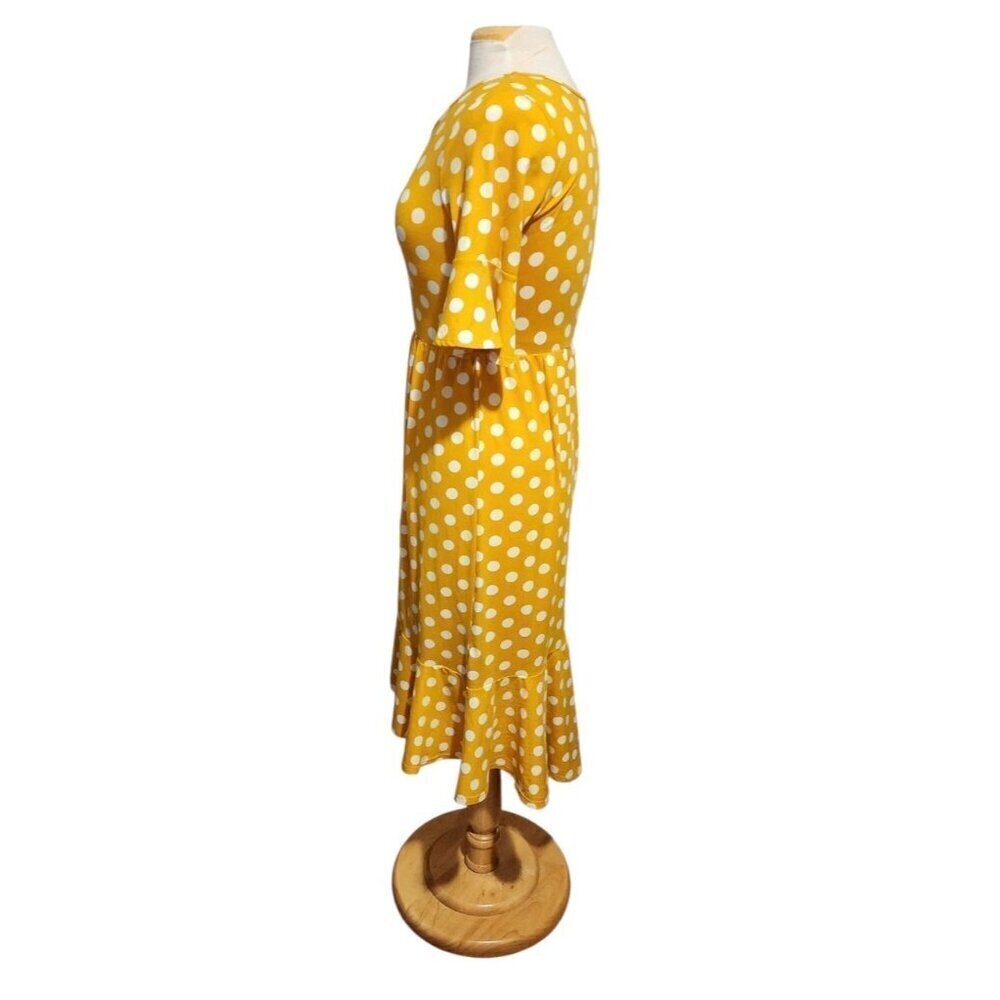 Mustard Yellow Polka Dot Retro Rockabilly Waist Midi Dress Ruffle Fit Flare Soft - Picture 3 of 9